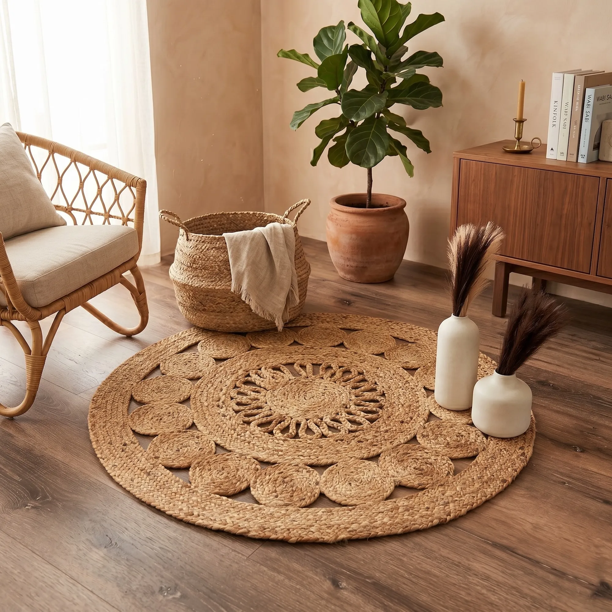 Demeter by Rita Rugs Home, Geometric Artistic Jute Hand Woven Round Rug