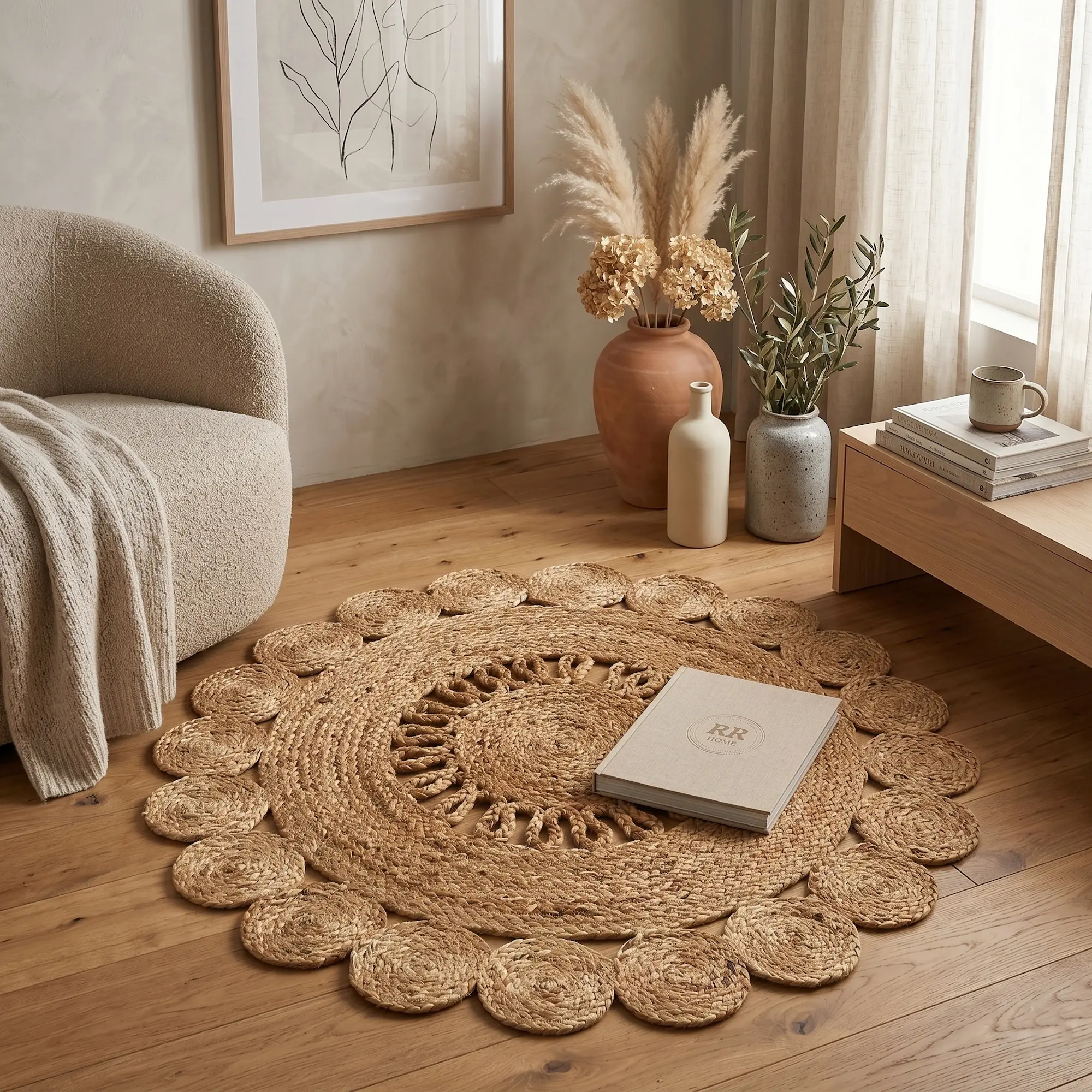 Jute Hera by Rita Rugs Home, Geometric, Bohemian Artistic Jute Hand Woven Round Rug